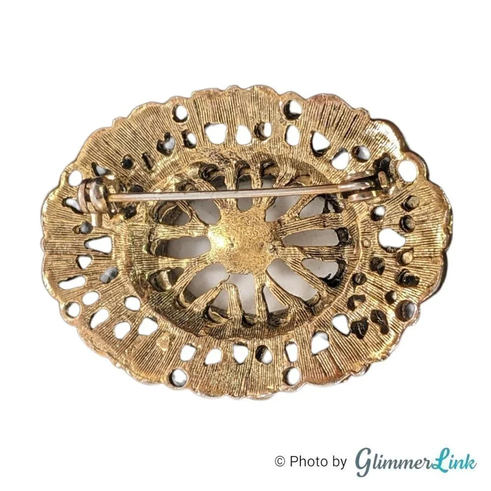 Vintage Oval Large Faux Pearl Cabochon Filigree Gold Tone Brooch Pin
